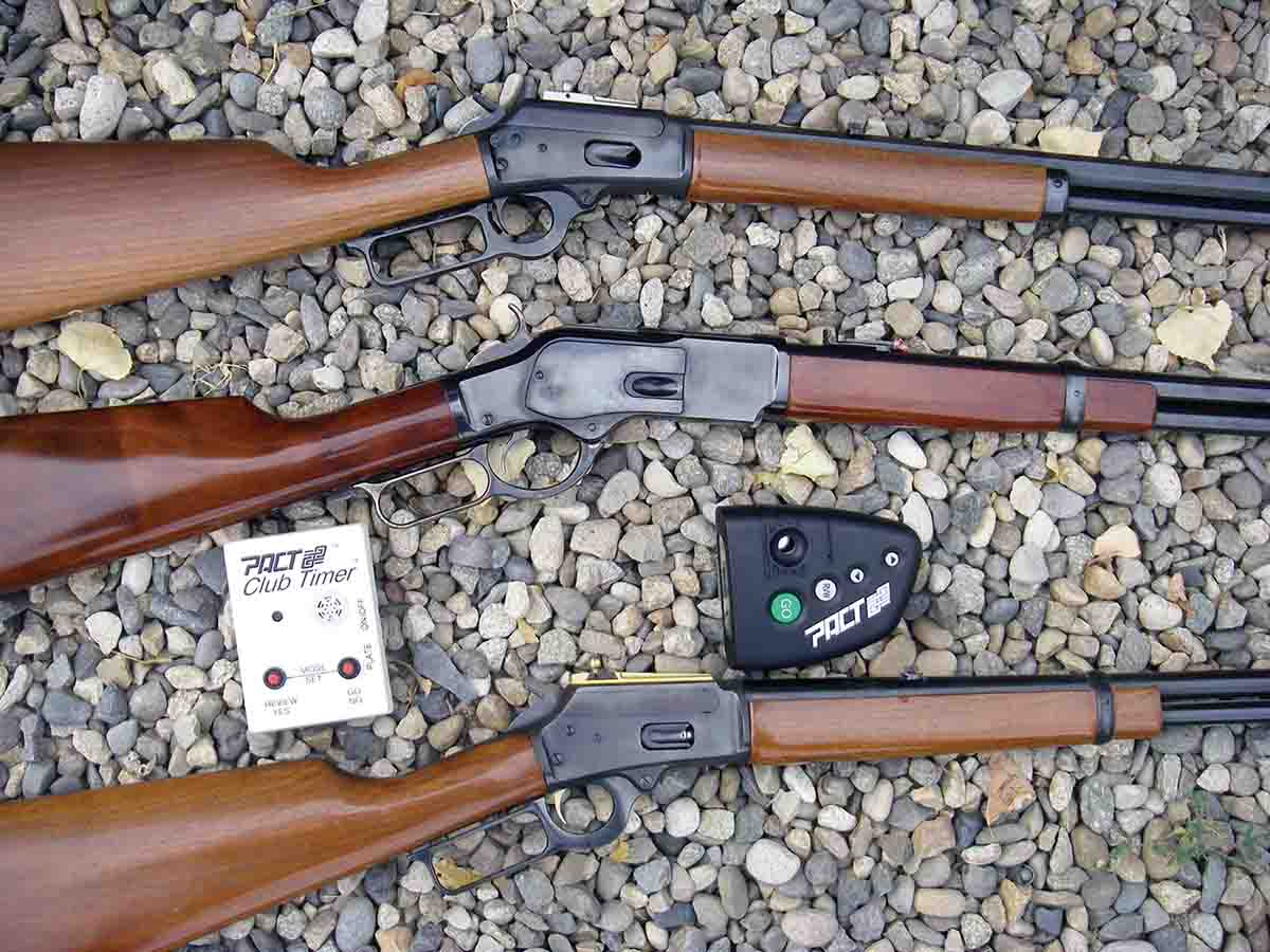 Marlin Model 1894s and Cimarron Uberti Model 73 rifles chambered in .357 Magnum and .45 Colt were fun and accurate. Timers were used to check the time of speed shooting events.